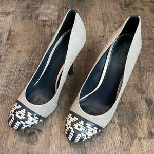 Tory Burch Woven Blue & Cream/Tan Pump Heels size 11